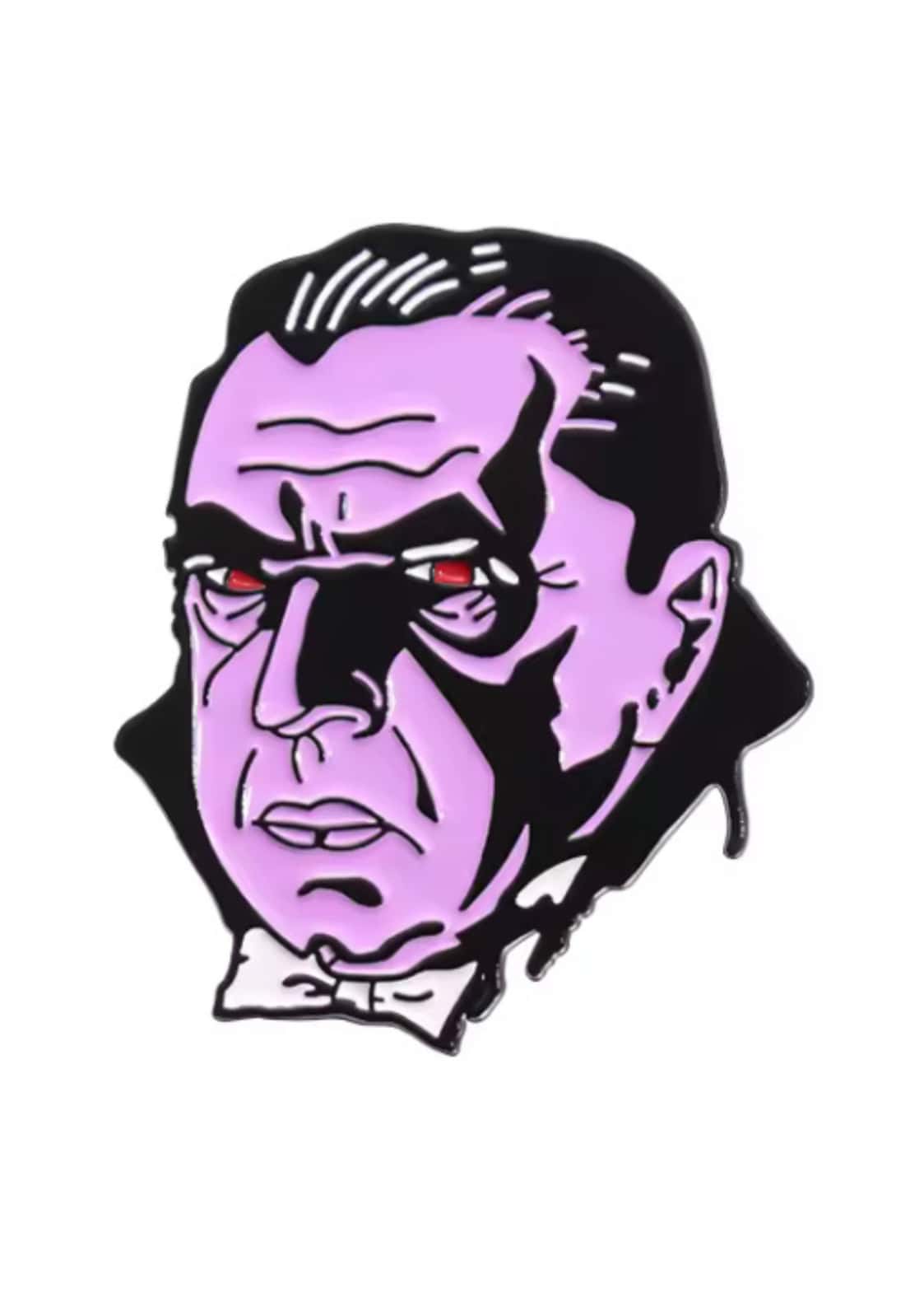 Lila emaillierter pin mit stilisiertem count dracula porträt, schwarzen haaren, roten augen und weißer fliege, gothic vampire pin